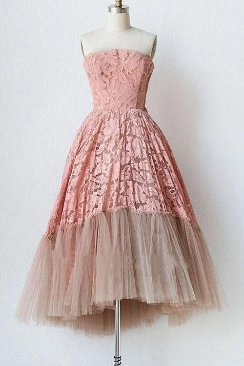 A Line Pink Lace Strapless Sleeveless Short Tulle Homecoming Dresses cg22733
