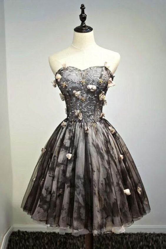 A Line Black Sweetheart Strapless with Flowers Tulle Short School Dress,Homecoming Dress cg22738