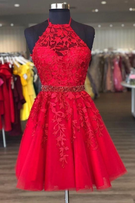 Halter Short Red Homecoming Dress With Lace Appliques And Beaded Band cg22749