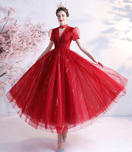 RED TULLE SHORT A LINE PROM DRESS    cg22752