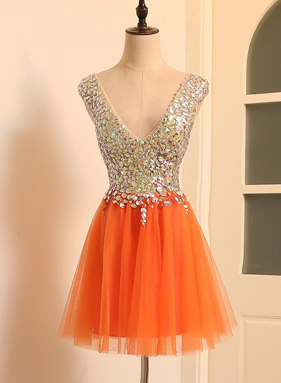 A-Line V-Neckline Short Tulle Beaded Homecoming Dress, Orange Tulle Short Party Dress cg22785
