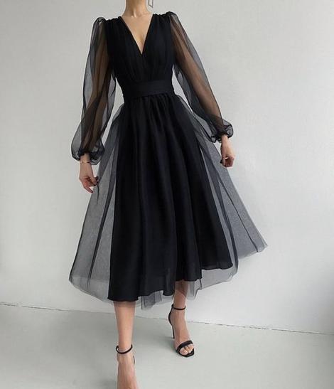 Unique Black Tulle Long Sleeves Prom Dress cg22791