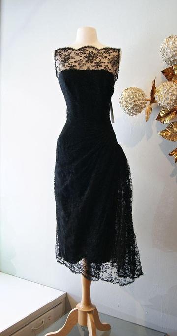 Vintage Cocktail Dresses Black Lace Prom Dress Sheer Bateau Neck Tea Length Evening Gowns cg22796