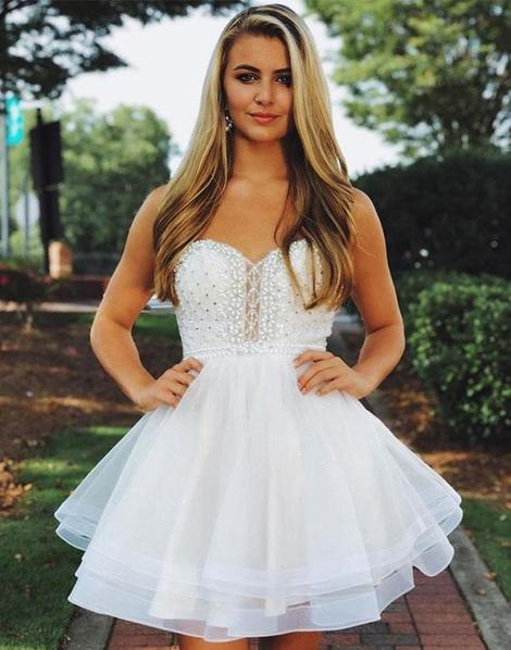 White round neck tulle beads short homecoming dress cg22806