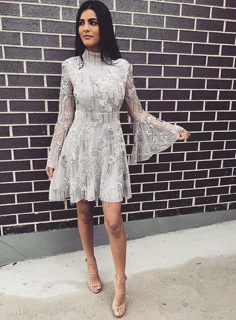 A-Line High Neck Short Grey Lace Homecoming Dress with Long Sleeves cg22812