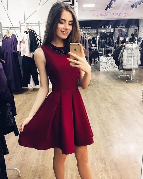 A-Line Round Neck Burgundy Satin Short Homecoming Dresses cg22814