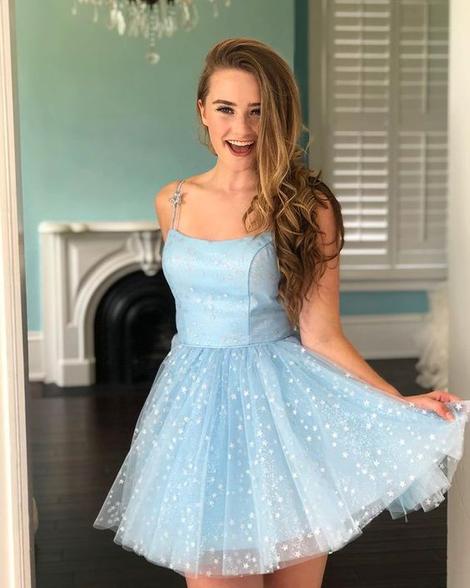 Cute Light Blue Stars Tulle Homecoming Dresses, Short Sweet Party cg22823