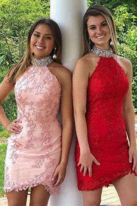 Halter Short Lace Pink / Red Homecoming Dress with Appliques Beading cg22865