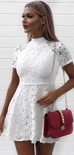 A-Line High Neck Short Sleeves Lace Homecoming Dresses cg22867
