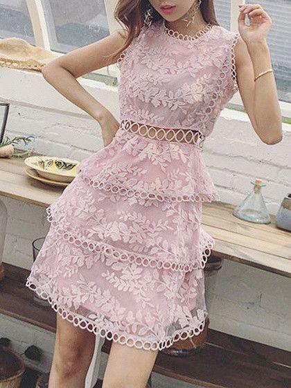 Pink Cut Out Detail Sleeveless Layered Sheer Lace Homecoming Dress cg22874