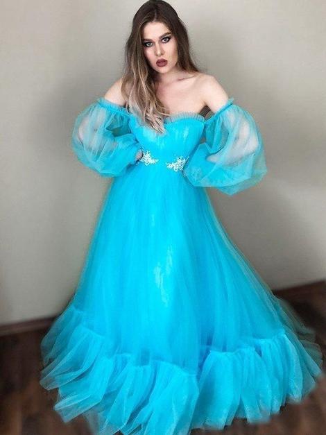 Puffy Sleeve Tulle Prom Dresses Long Evening Gown cg22897