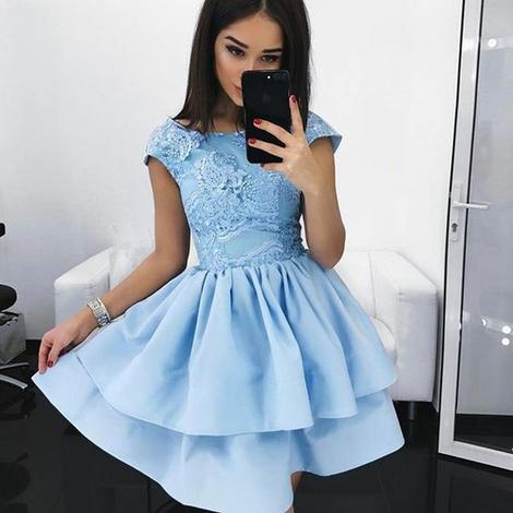 A-Line Bateau Cap Sleeves Light Sky Blue Satin Homecoming Dress with Lace cg22923