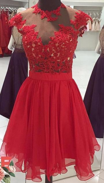 Red Homecoming Dresses With Lace Appliques Beaded High Collar Graduation Party Gowns cg22924