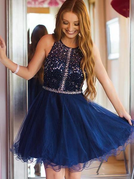 A-Line Round Neck Sleeveless Tulle Homecoming Dresses With Beading cg22925