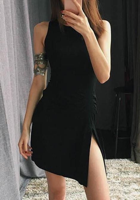 Casual Black Plain Side Slit Round Neck Mini Homecoming Dress cg22927