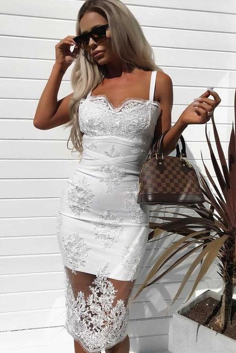 White Spaghetti Straps Embroidery Sexy Bodycon Midi Lace Homecoming Dress cg22931