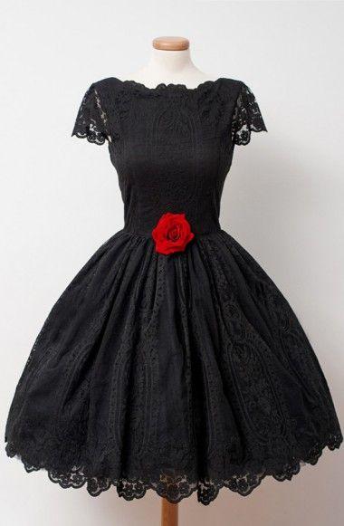 Vintage Black Lace Homecoming Dress Bateau Knee-Length Flower cg22932