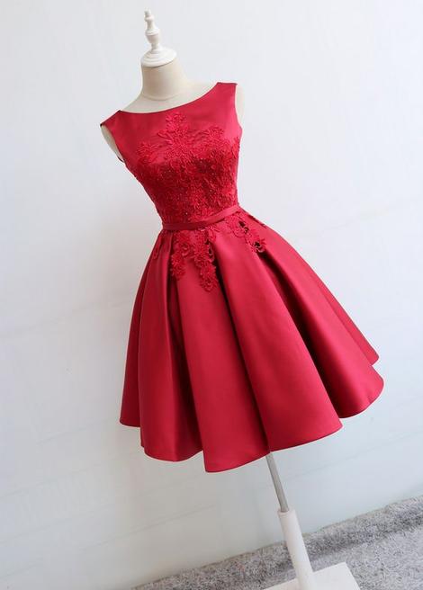 Red Round Neckline Short Satin Party Dresses, Red Formal Dresses, Short Homecoming Dress cg22946