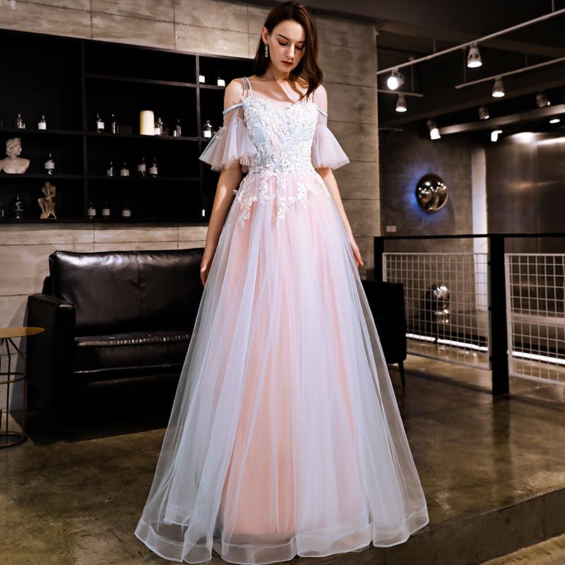 Blue And Pink Off Shoulder Floor Length With Lace Applique Party Dress, Pink Formal Dress Prom Dress cg22961