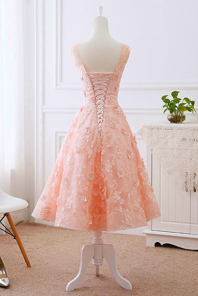Pretty Pink Tea Length Flower Lace Wedding Party Drses, Pink Lace Formal Dress Homecoming Dress cg22969