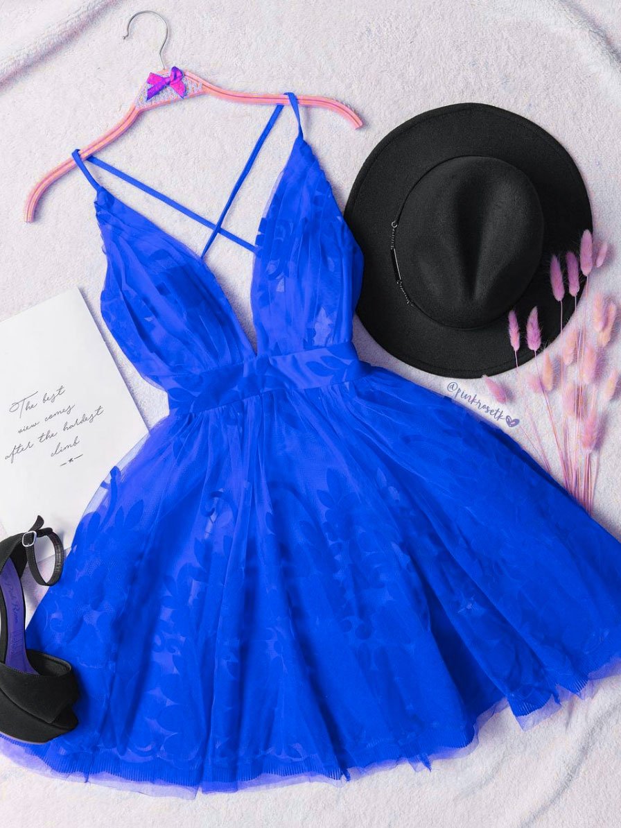 Red v neck tulle lace short dress, red homecoming dress cg22970