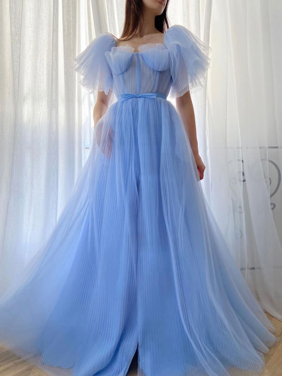 Blue A-line tulle long prom dress, blue tulle formal dress cg22972