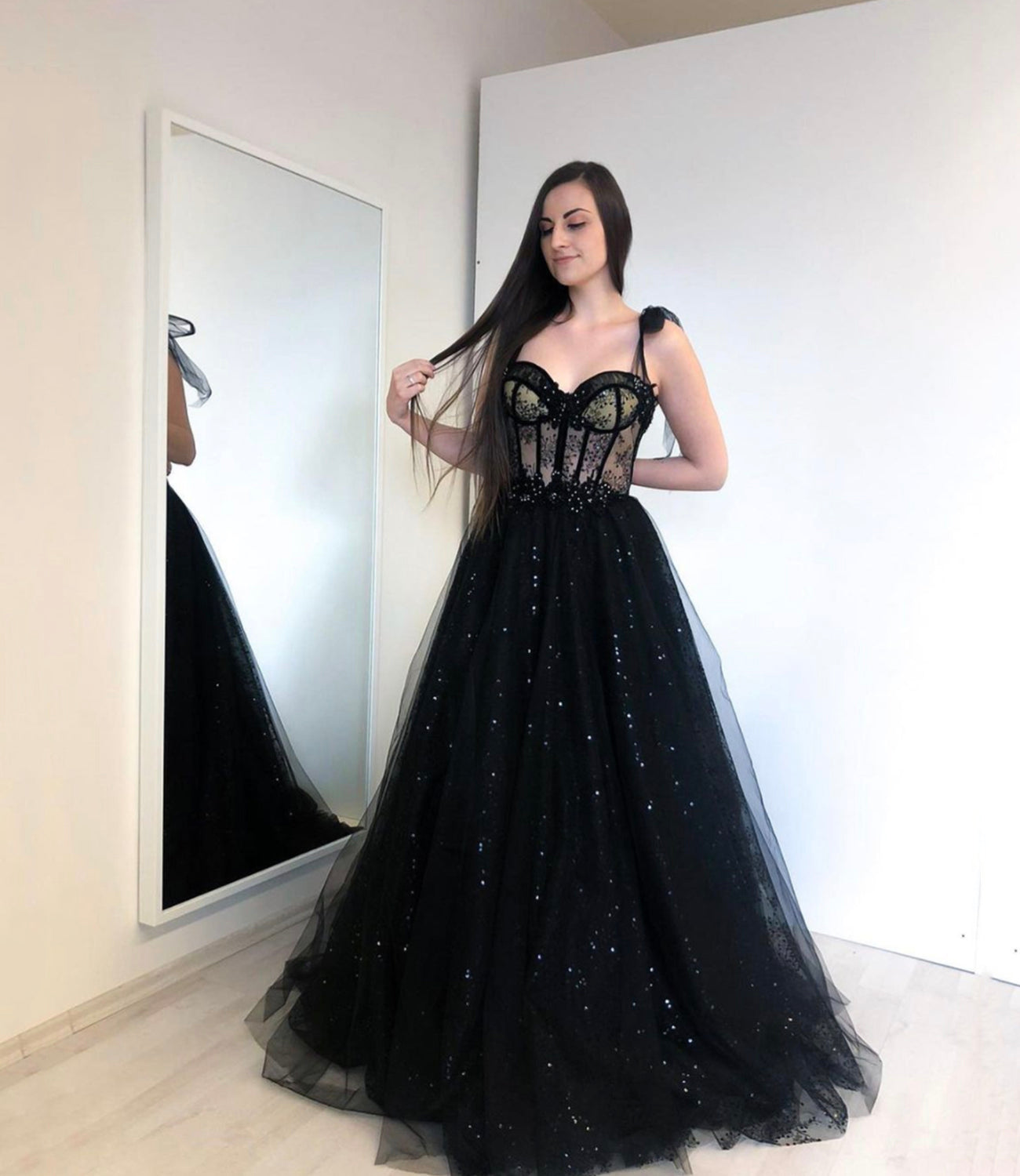 BLACK TULLE LONG A LINE PROM DRESS EVENING DRESS cg22973