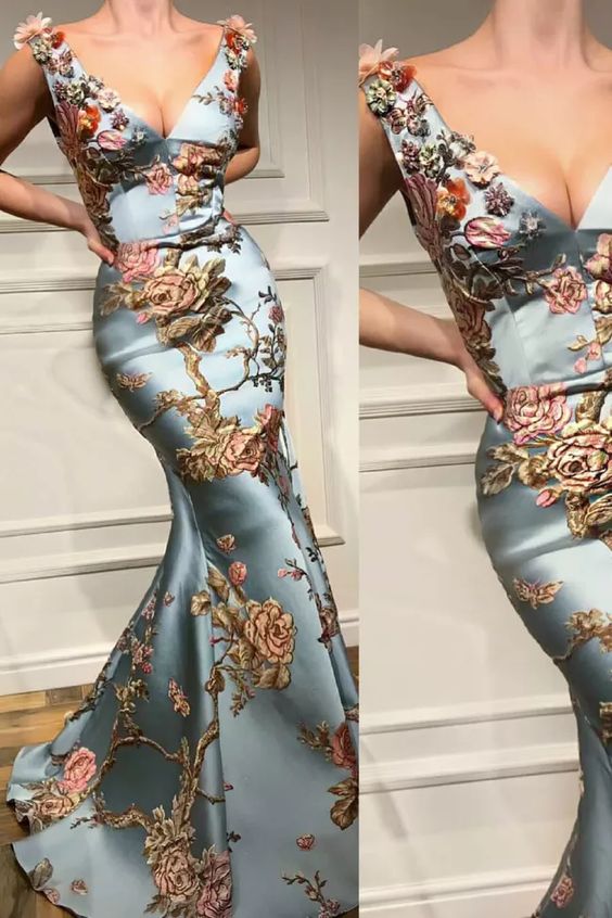 Sexy Deep V Collar Embroidery Floral Printed Fishtail Maxi Dress Long Prom Dress cg22979