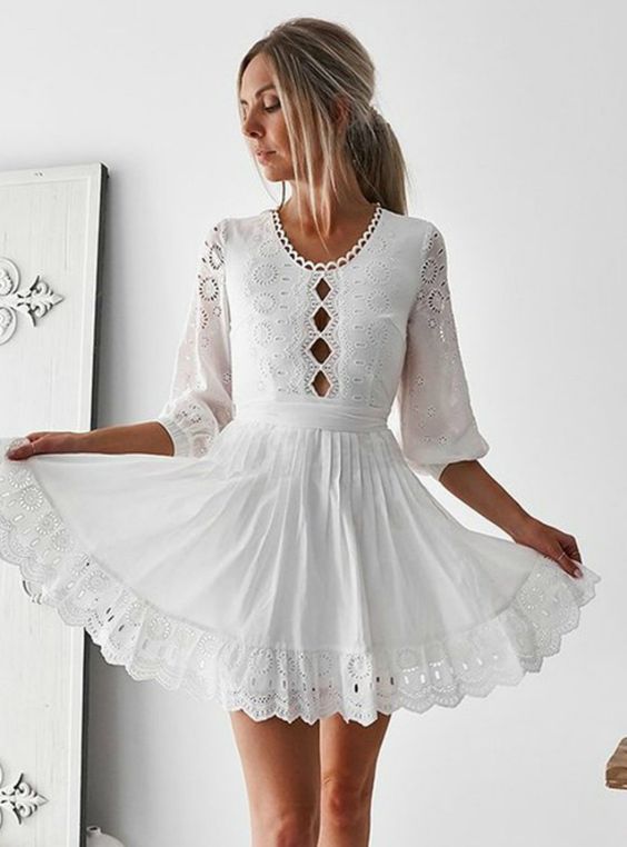A-Line 3/4 Sleeves White Lace Homecoming Dress With Keyhole cg22983