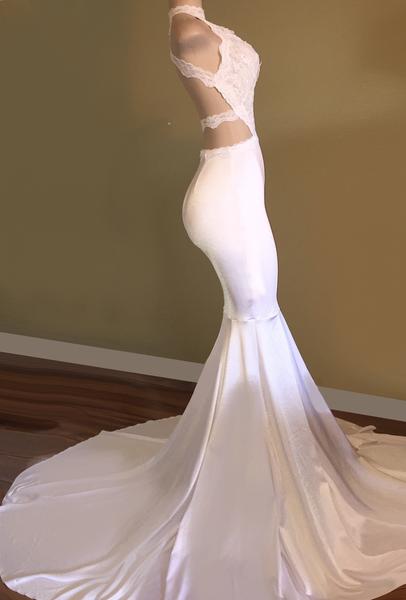 Sexy Open Back White Jersy Prom Dress with High Collar cg22988
