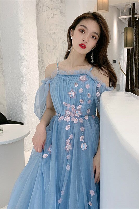 Straps Blue and Floral Embroidered Long Formal prom Gown cg22998