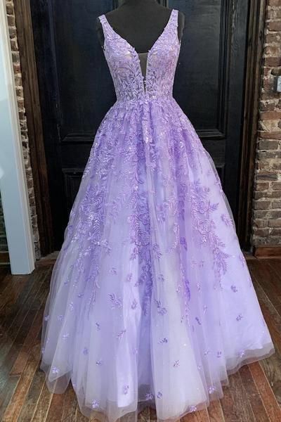 V Neck Purple Lace Long Prom Dress, Long Purple Lace Formal Dress, Lilac Lace Evening Dress cg23001