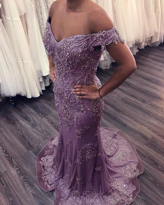 Mermaid Off The Shoulder Evening Dresses Lace Beaded Prom Gowns cg23018