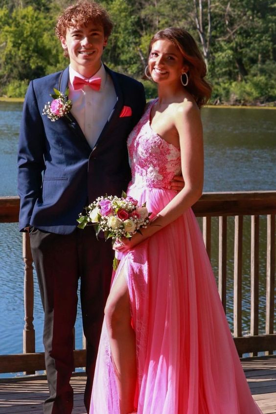 princess one shoulder hot pink long prom dress with side slit cg23026
