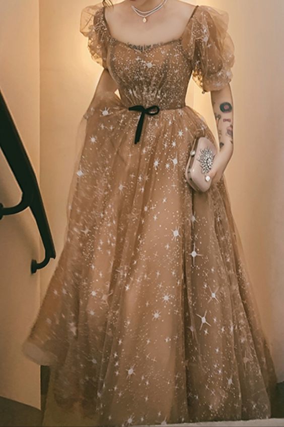 Princess champagne long prom dress features with short sleeves cg23027