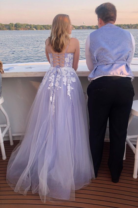 Elegant A-line lavender tulle and white lace appliques long prom dress 2022 cg23028