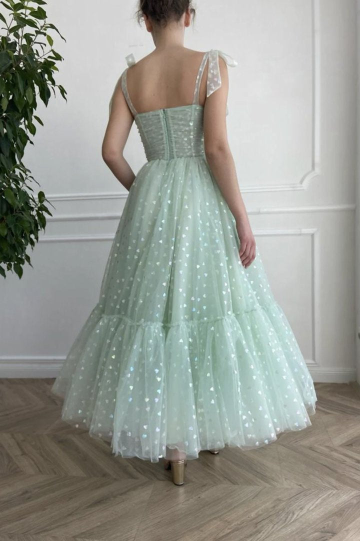 Green tulle short A line prom dress cg23029