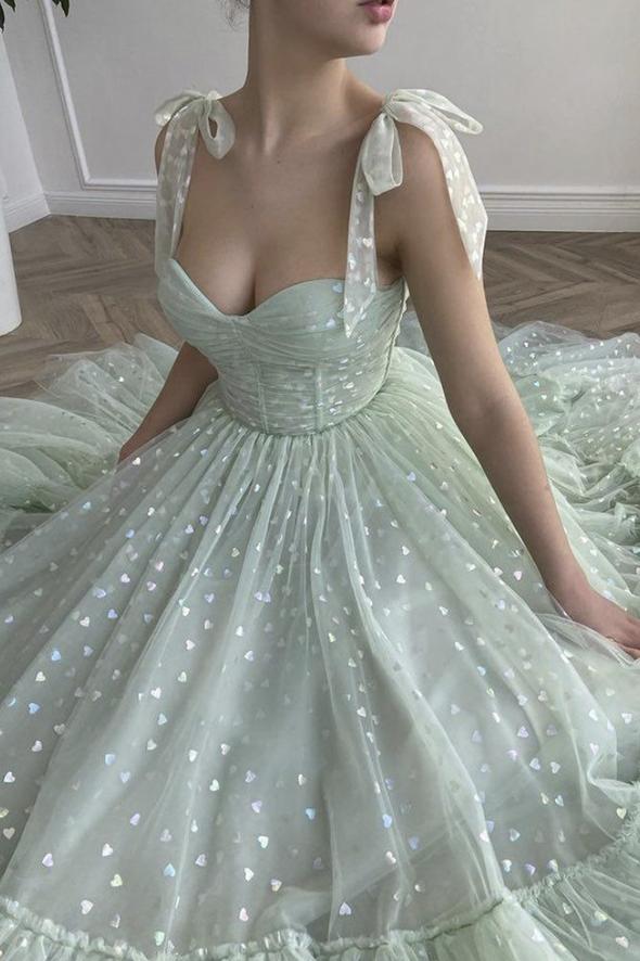 Green tulle short A line prom dress cg23029