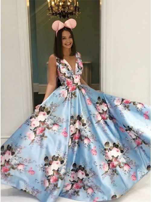 Blue Floral Prom Dress Floor-Length Evening Dresses cg23030