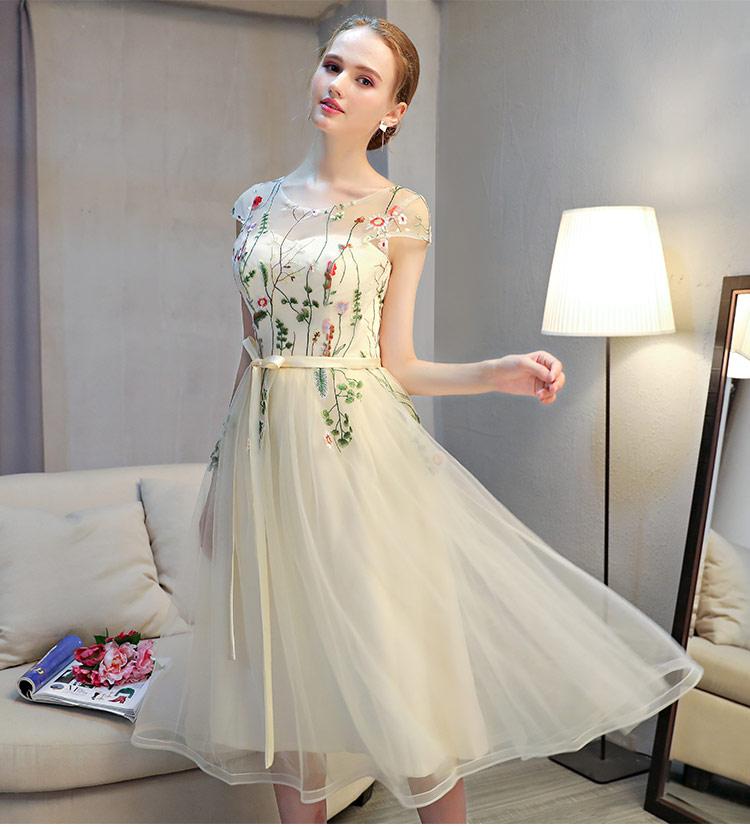 Lovely Light Champagne Cap Sleeves Floral Tea Length Party Dress, Cute Wedding Party Dresses Homecoming Dress cg23033