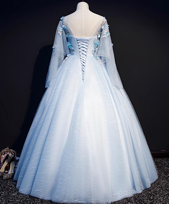 Light Blue Flowers Lace Round Neckline Ball Gown Sweet 16 Dress, Blue Long Formal Dresses prom Dress cg23035