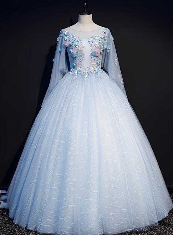 Light Blue Flowers Lace Round Neckline Ball Gown Sweet 16 Dress, Blue Long Formal Dresses prom Dress cg23035