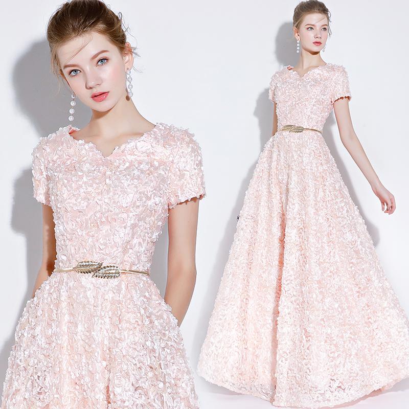 Pink Lace A-Line Cap Sleeves Floor Length Party Dress, A-Line Pink Prom Dress Formal Dress cg23036