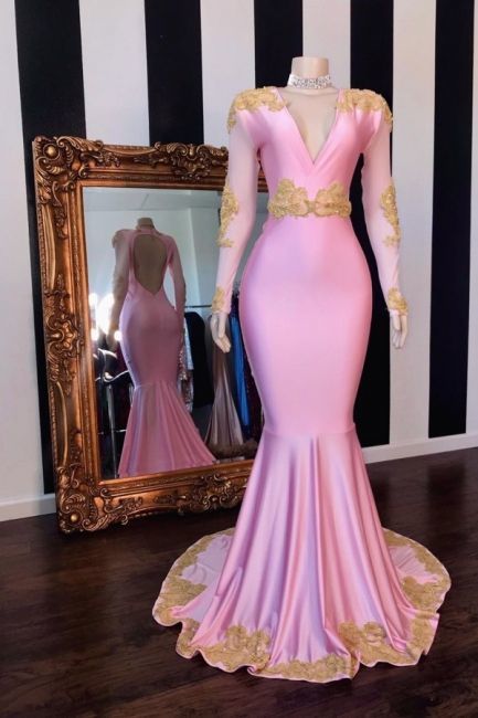 V-neck Long Sleeves Fit and Flare Pink Prom Dresses with Appliques cg23044