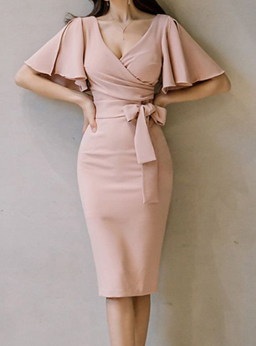 Women's Wrap Dress Knee Length Dress Blushing Pink Short Sleeve Dusty Rose Prom Dresses cg23049