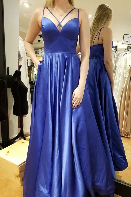 Simple Blue Long Prom Dress, A-line Satin Pockets Evening Gown cg23050