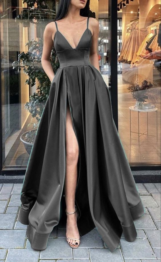 Long black satin prom dresses v neck split evening gown with pockets cg23052