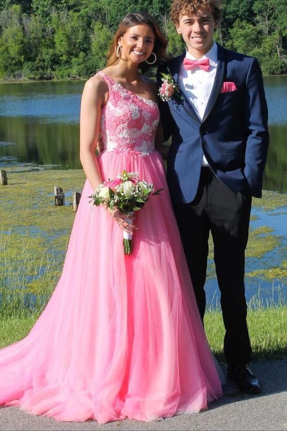 one shoulder hot pink lace top and tulle skirt long prom dress 2022 cg23057