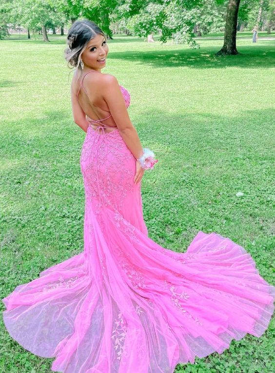 mermaid hot pink lace appliques long prom dress cg23058