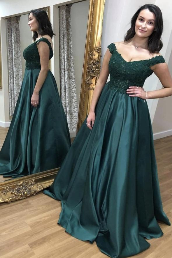 Green lace long A line prom dress green evening dress cg23062